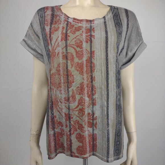 Peruvian Connection gray black orange damask striped short sleeve shirt Medium - Picture 1 of 7